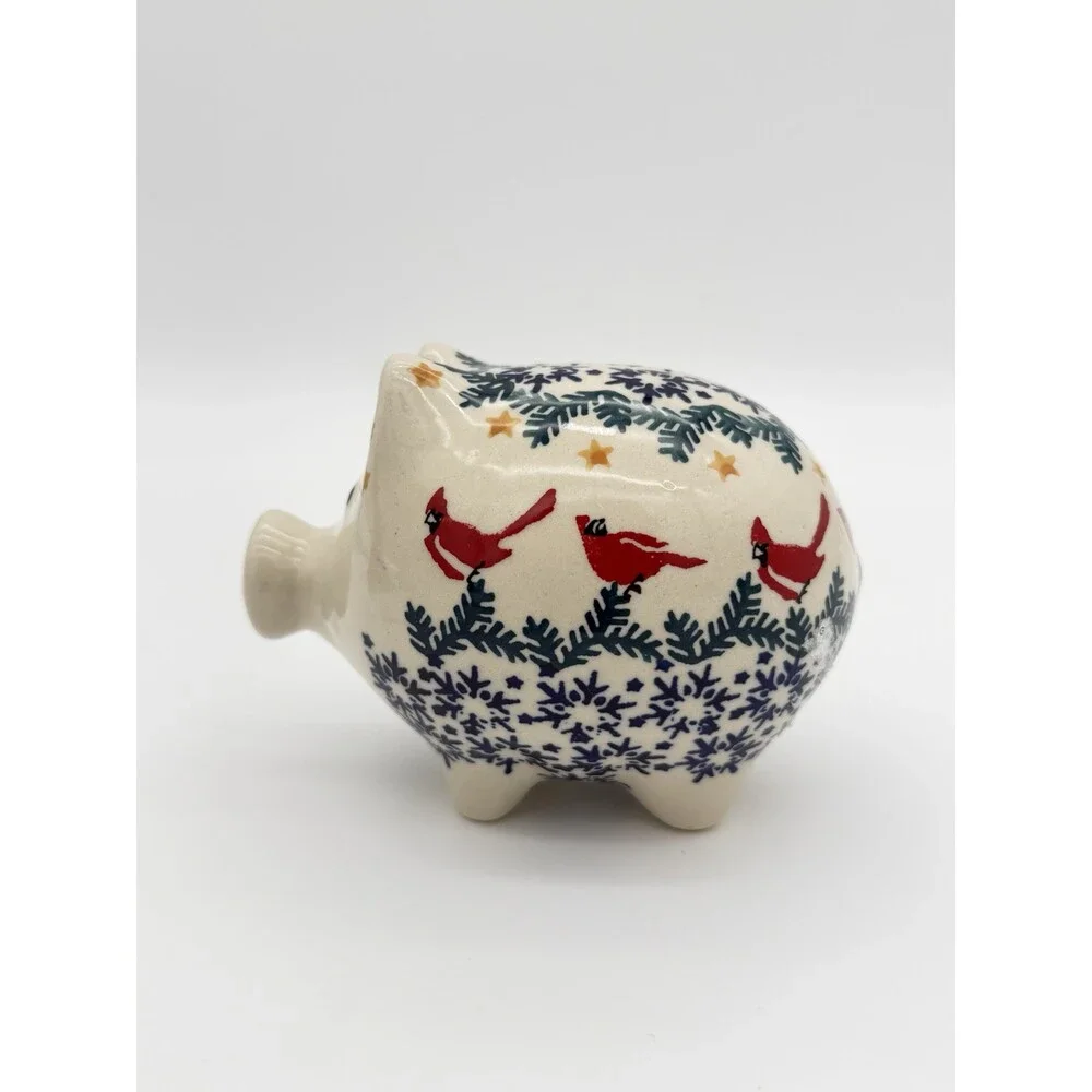 Boleslawiec Polish Art Pottery Hand Painted Cardinal Snow Flakes Piggy Bank